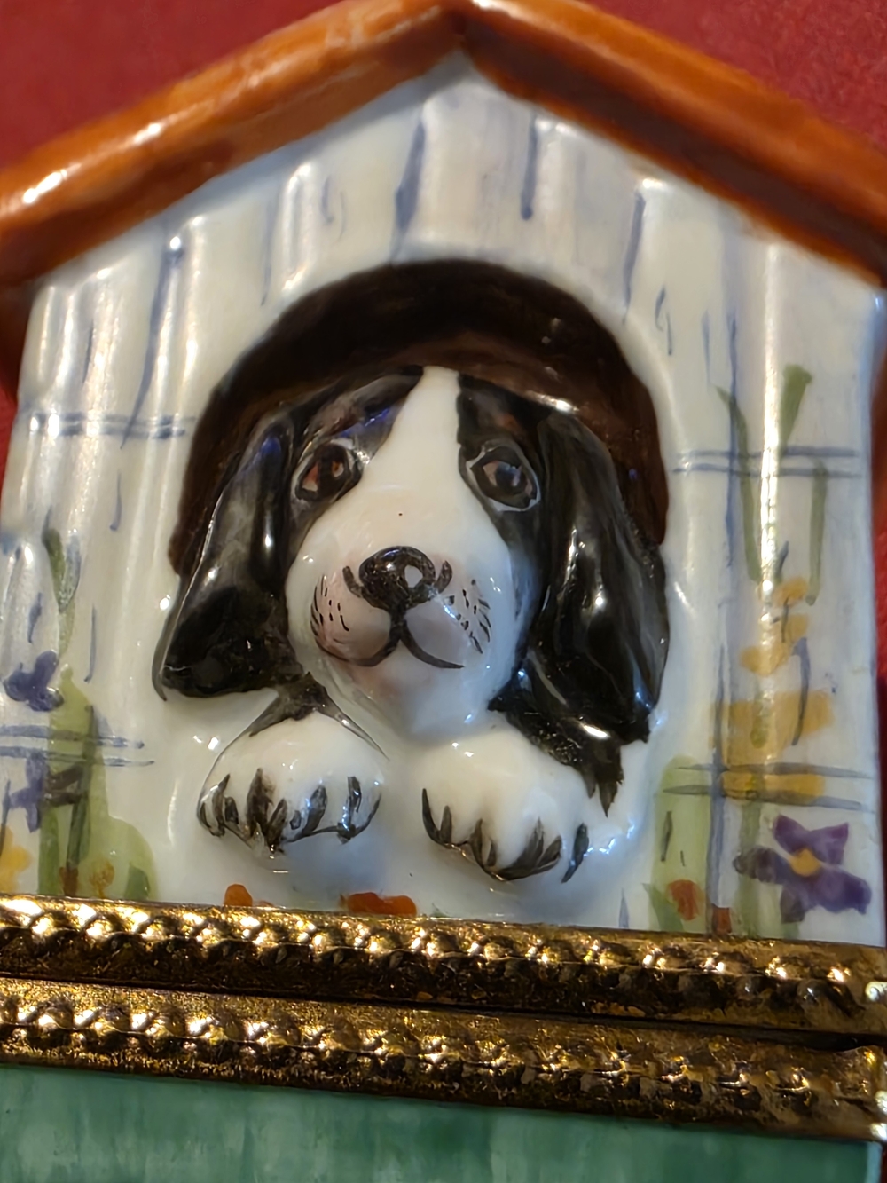 Authentic Limoges Box France - Black & White Dog in Dog House - Puy De Dome